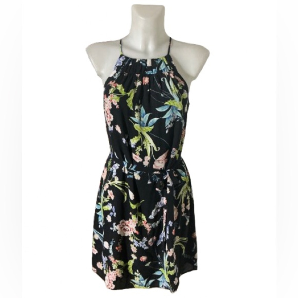 RW & CO Black Sleeveless Floral Halter Dress with Belt NWT Size Small